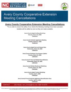 Cover photo for N.C. Cooperative Extension of Avery County Meeting Cancellations